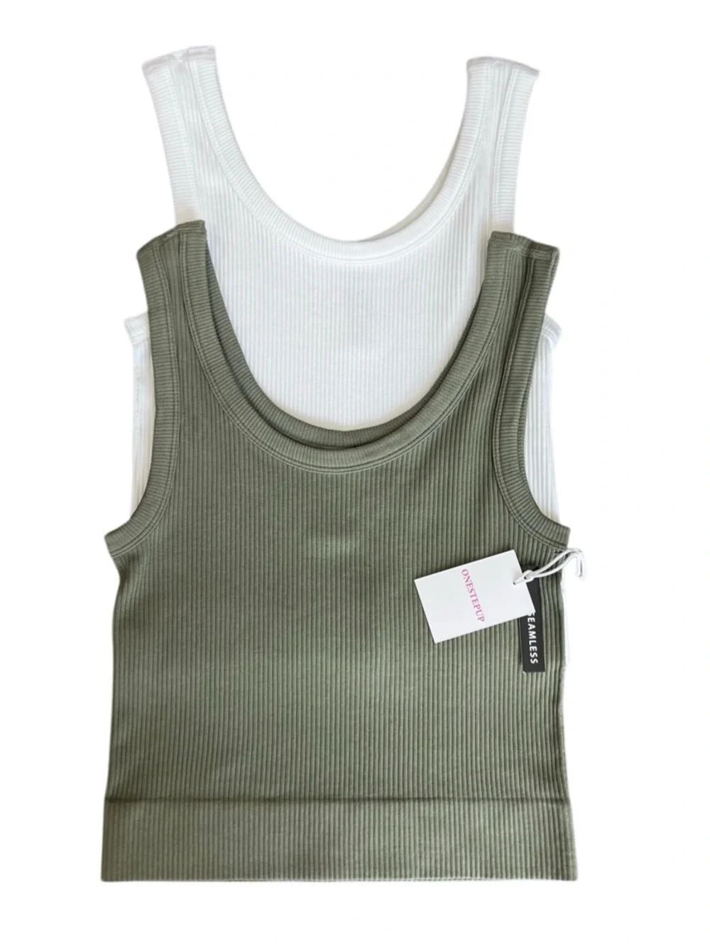 Tank Top Set Bundle Ribbed Cropped Green White Size S/M - Picture 10 of 13